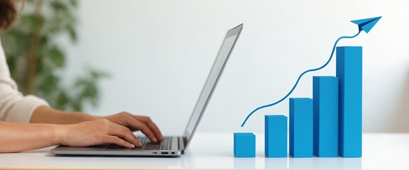 Business growth analysis. Using laptop for analytics. Blue graphs and laptop computer.