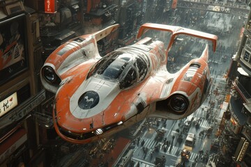 Obraz premium Futuristic flying vehicle navigates a bustling cyberpunk cityscape during nighttime