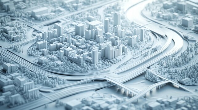 Stylized 3D model of a city with roads and buildings.