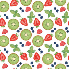seamless pattern with  fruits, strawberry, kiwi, blueberry, mint leaves
