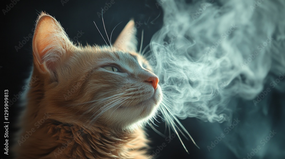 Poster a curious orange cat with bright eyes observes the world around it, surrounded by soft wisps of stea