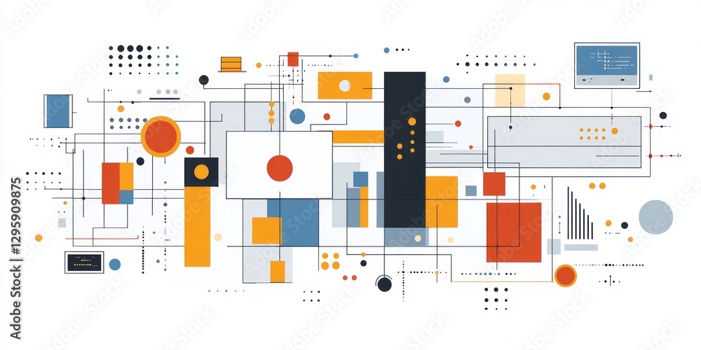 Poster abstract network diagram with geometric shapes and linear connections
