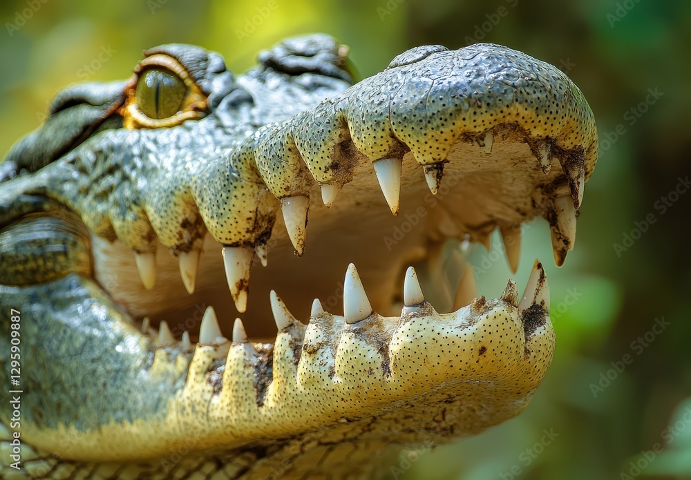 Poster close-up of alligator head with sharp teeth and intense eyes captured in natural habitat highlightin