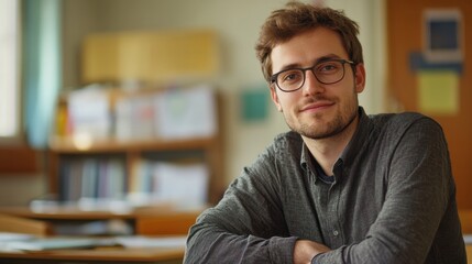 Obraz premium Young man with glasses smiling confidently in a classroom setting with blurred background of educational materials and wooden desks
