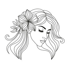 Portrait of beautiful young girl with curly hair and tropical flower in her hair drawn with one line on white background. Woman's face in minimalist style for design.