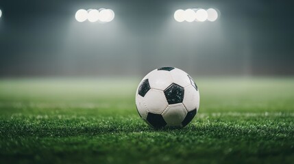 Close-up of Soccer Ball on Grass Field Under Stadium Lights