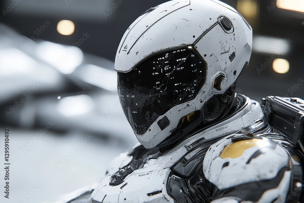 Aufkleber futuristic robot in advanced armor examining a high-tech environment during a mission in a sci-fi se
