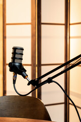 Mic setup for podcast recording in a modern studio space