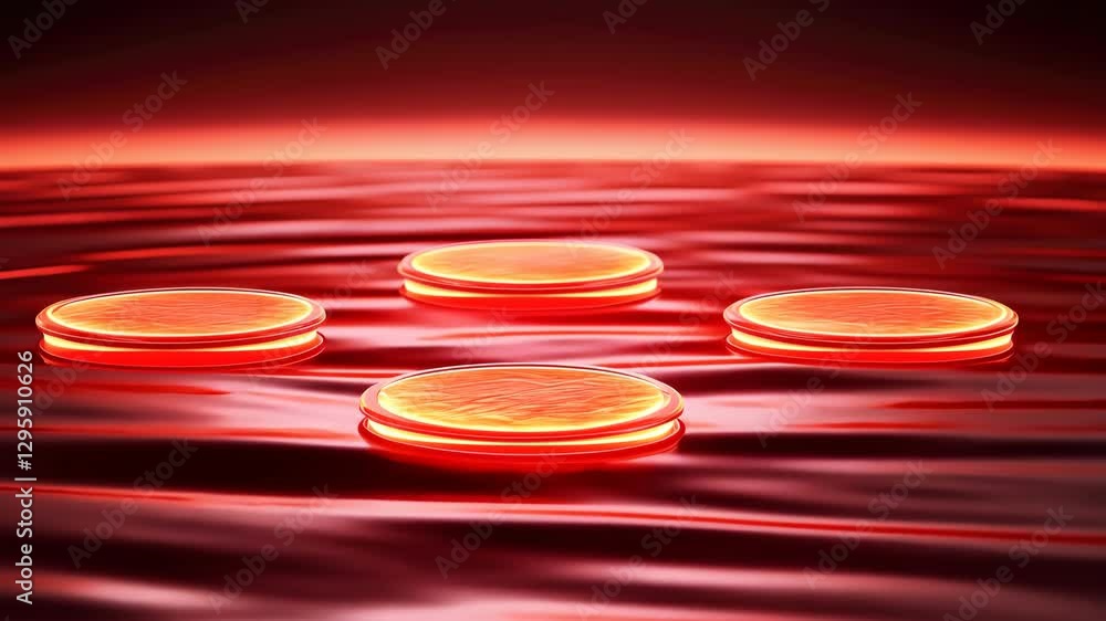 Poster glowing red discs float on rippling liquid surface creating futuristic and surreal atmosphere with v
