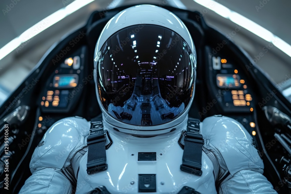 Poster futuristic astronaut preparing for launch inside a sleek spacecraft during a nighttime mission to ex