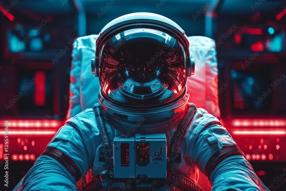 Poster astronaut in futuristic spacecraft cabin with vibrant neon lighting exploring space in deep solitude