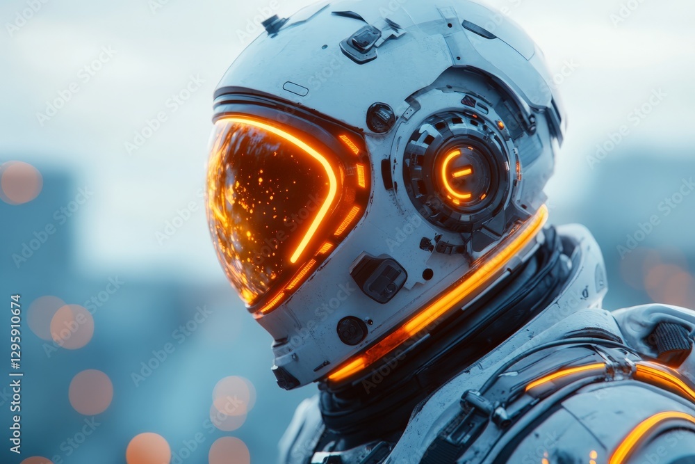 Poster innovative astronaut helmet showcasing advanced technology and luminous details in an urban setting 