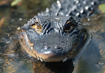 Obraz premium Close-up of Alligator in Water Showcasing its Skin Texture and Intense Eyes Captured in a Natural Habitat Under Bright Lighting Conditions