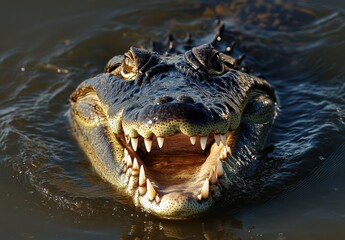 Obraz premium Close-Up of Alligator in Water with Open Mouth Displaying Sharp Teeth and Textured Skin, Captured in Natural Habitat Setting Under Clear Blue Sky