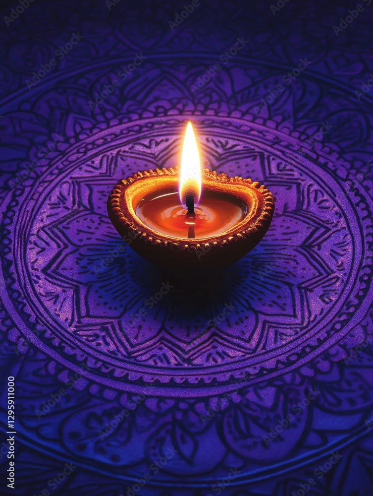 Poster a lit candle sits in a small bowl on a purple background. the candle is the only source of light in 
