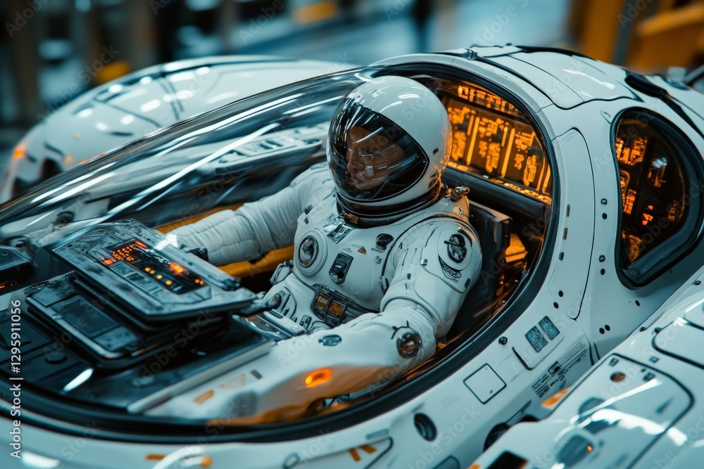 Poster Astronaut operating a futuristic spacecraft in a high-tech control room during a mission