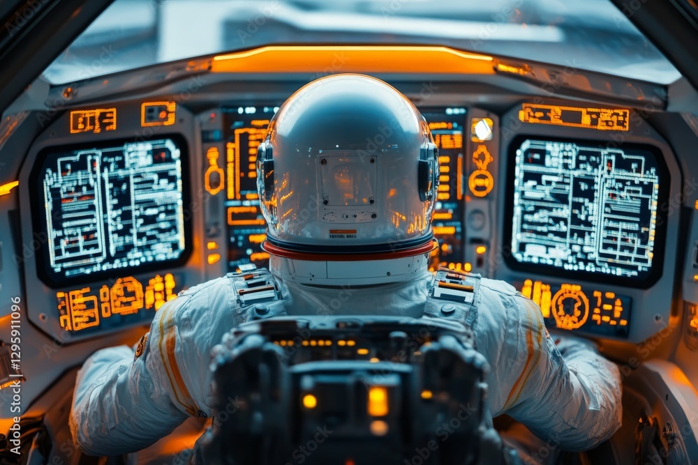 Poster astronaut operating a futuristic spacecraft cockpit with glowing control panels during a space missi