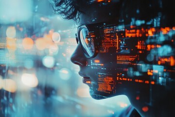 Young person with glasses immersed in digital data, reflecting technology and innovation at dusk