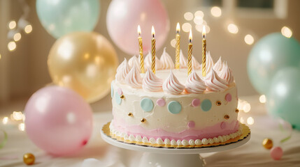 Festive Birthday Cake with Candles & Balloons - Pastel Colors