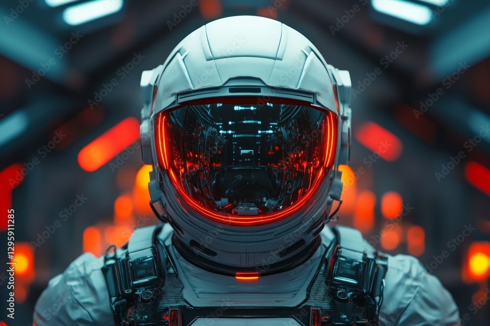 Aufkleber Astronaut in futuristic space suit inside a neon-lit spacecraft with glowing elements and advanced technology
