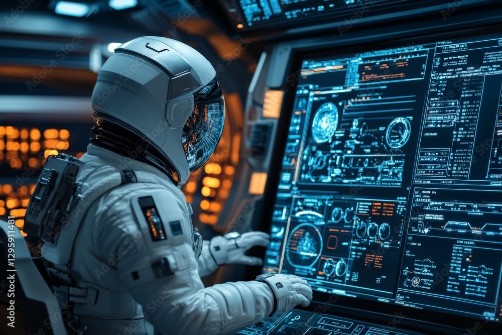 Poster Astronaut working on control panel in deep space exploration mission at futuristic space station