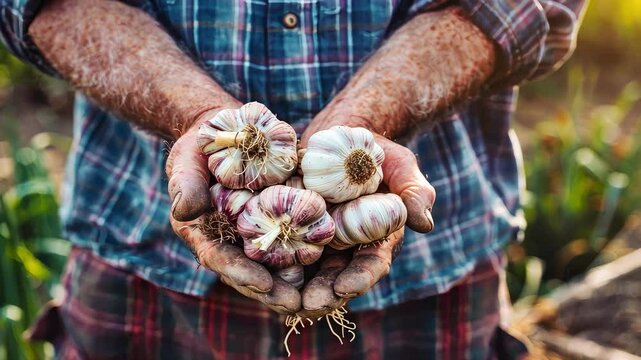 garlic in the hands of a man. selective focus