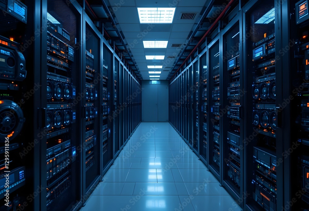 Poster wide shot of a secure server room with multiple racks and blinking lights. high-speed data processin