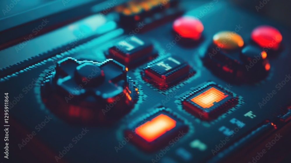 Poster a modern, sleek music production console with numerous control buttons and sliders, designed for eff