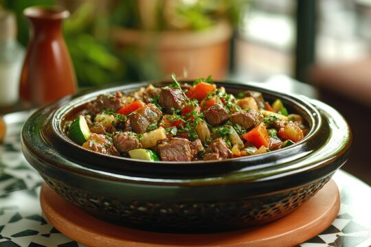 Vegetarian and meat combo, served in a traditional clay pot. Cooked with cumin and paprika for flavor.