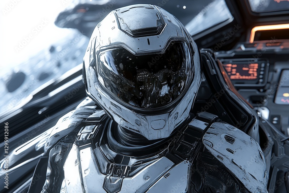 Poster Astronaut in a sleek space suit navigates a futuristic spacecraft in deep space during a mission to explore unknown galaxies