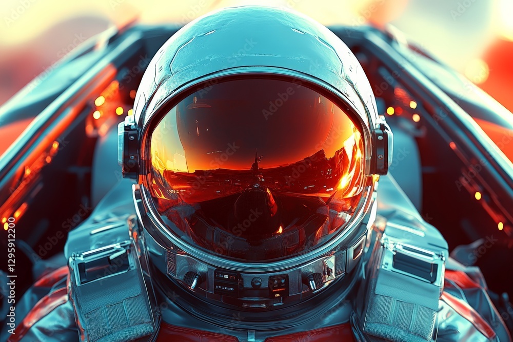 Poster Astronaut preparing for launch with reflective visor in a vibrant setting at dawn