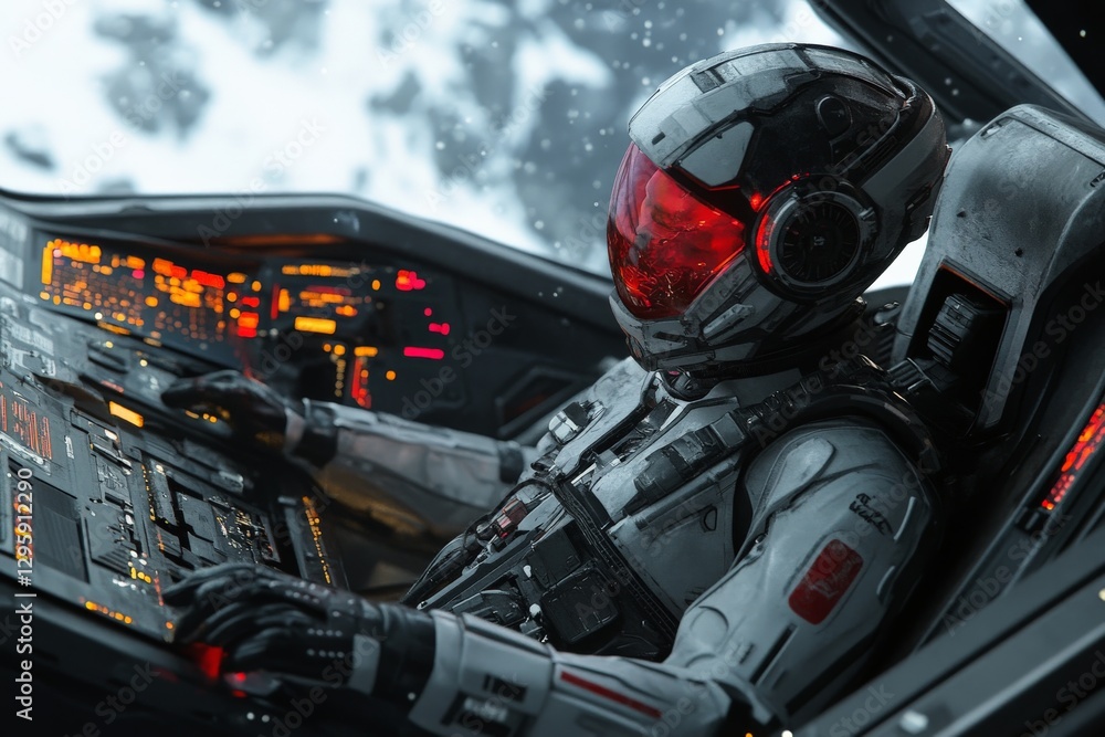Poster astronaut piloting a futuristic spacecraft through a snowy landscape with glowing control panels sho