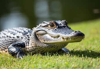 Obraz premium Close-Up of Alligator Relaxing on Grass by Water's Edge, Showcasing Textured Scales, Sharp Teeth, and Intense Eyes in a Natural Habitat Setting