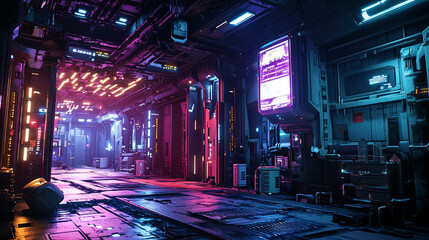 Futuristic underground bunker city, home to the last survivors of a global catastrophe, with neon-lit corridors, high-tech survival chambers, and security robots patrolling the area.