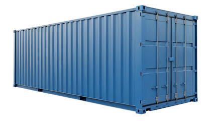 Large Blue Shipping Container with Corrugated Metal Sides and Secure Locking Doors, Used for Transporting Goods, isolated on Transparent background