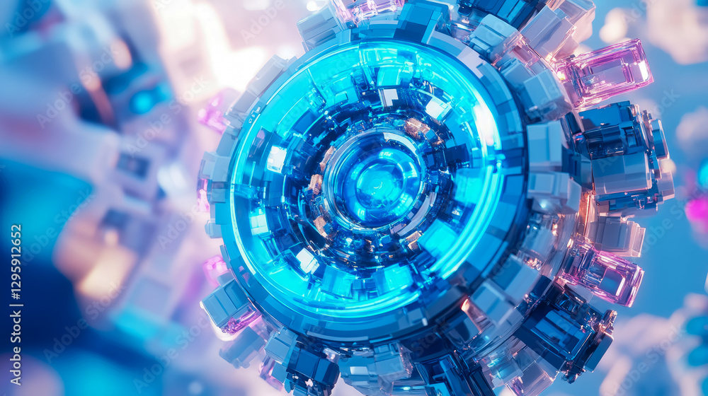 Poster sci-fi core system: abstract tech concept of a circular mechanism with vibrant blue light emission, 