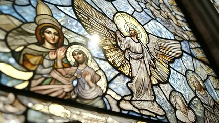 1_Close-up of a stained glass window depicting a biblical scene