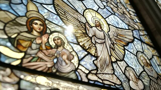 1_Close-up of a stained glass window depicting a biblical scene
