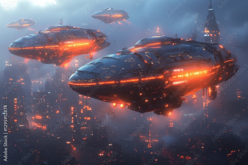 Poster mysterious spaceships hover over a futuristic city skyline at dusk