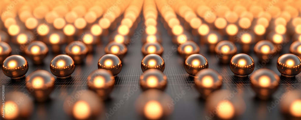 Poster material science nanomaterials concept. golden spheres arranged in a mesmerizing pattern on a dark s
