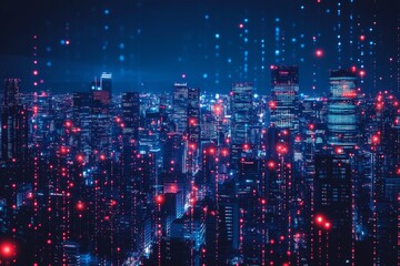 Obraz premium City skyline illuminated by vibrant lights and digital effects during the night