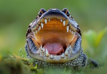 Obraz premium Close-Up of Alligator Snapping Turtle with Open Mouth Displaying Sharp Teeth in Natural Habitat on a Green Background