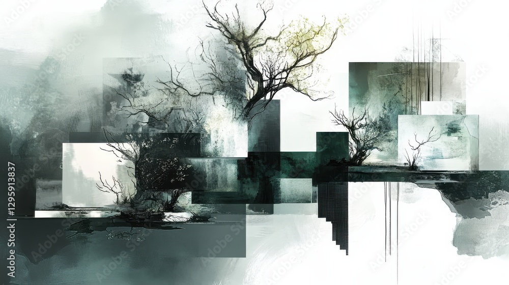 Poster abstract landscape with sparse trees and geometric shapes in calming tones of green and white