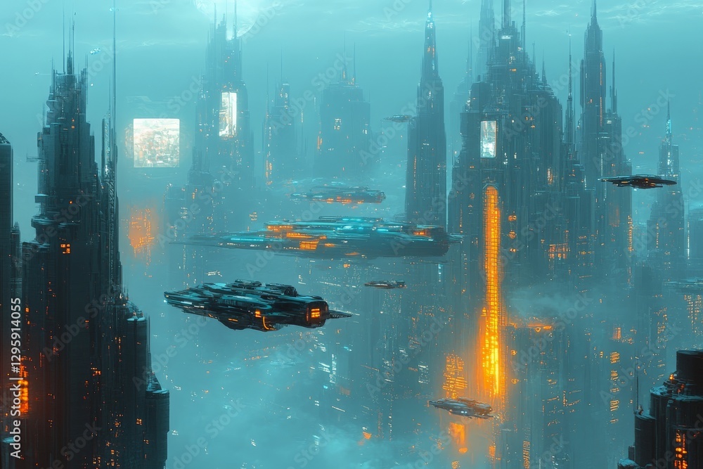 Poster futuristic city skyline with glowing skyscrapers and hovering spacecraft in a misty atmosphere