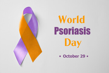 World Psoriasis Day (October, 29). Orange-orchid awareness ribbon on white background, top view
