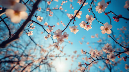 Obraz premium 低アングルで捉えた梅の花と澄み渡る青空