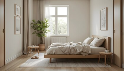 Cozy Minimalist Scandinavian Hotel Room with Warm Natural Light