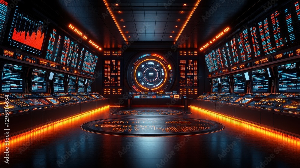 Poster futuristic control room with advanced interfaces and neon accents, featuring high-tech displays, con