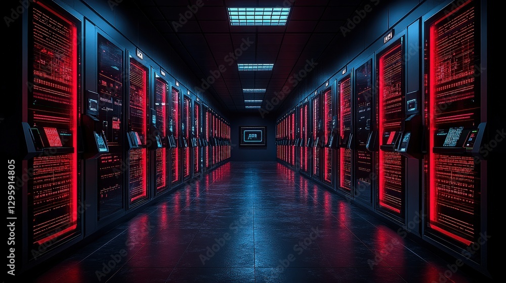 Poster futuristic data center corridor with illuminated red panels showcasing advanced technology and high-