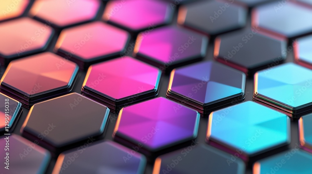 Poster material science nanomaterials concept. colorful hexagonal pattern with glossy surfaces and vibrant 